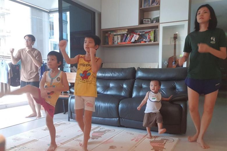 The Goh family doing a Body Combat workout together. PHOTO: COURTESY OF JEAN HO